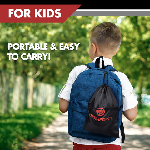 Child’s blue backpack with black drawstring bag.
