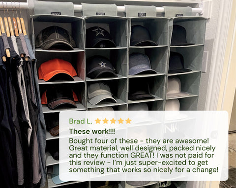 Gray Boxy Concepts cap rack with multiple compartments filled with caps, featuring a five-star rating and review text.