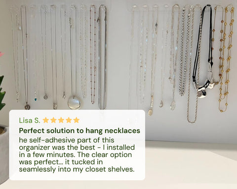 Boxy Concepts necklace organizer with hanging necklaces and a customer review on a white background