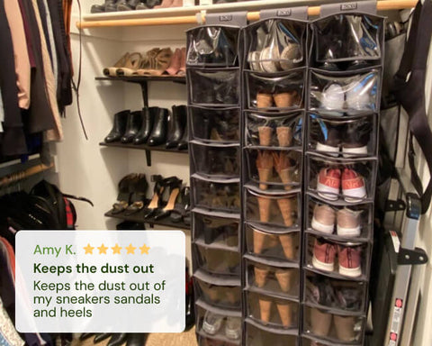 Stack of clear shoe organizers by Boxy Concepts with shoes inside, labeled with a positive review.