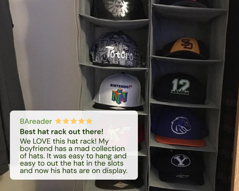 Boxy Concepts hat rack with various hats displayed, featuring a customer review on a white background.