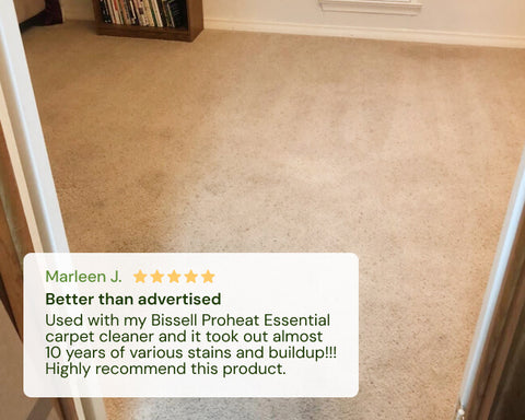 Carpet cleaning result with a positive review overlay