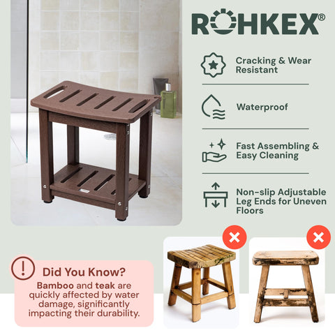Plastic Shower Bench with Shelf & Curved Seat Rohkex