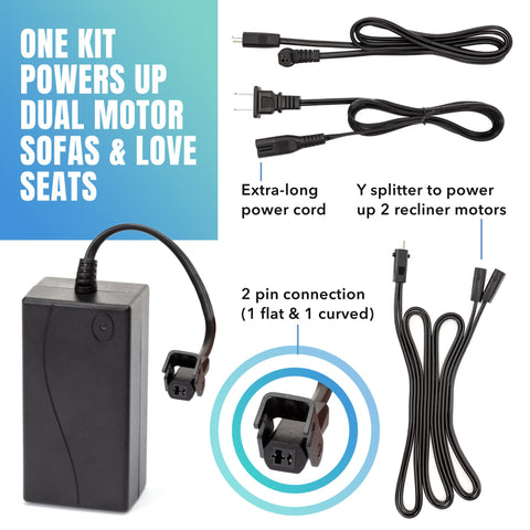 Universal Recliner Power Cord Replacement (2-Pin Adapter) Blue Cactus