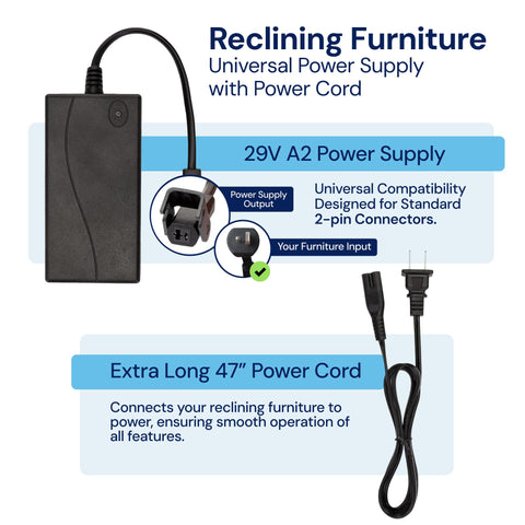 Universal Recliner Power Cord Replacement (2-Pin Adapter) Blue Cactus