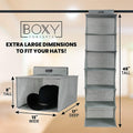 Gray hat organizer with dimensions and 'Boxy Concepts' branding on a beige background