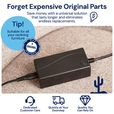 Universal Recliner Power Cord Replacement (2-Pin Adapter) Blue Cactus