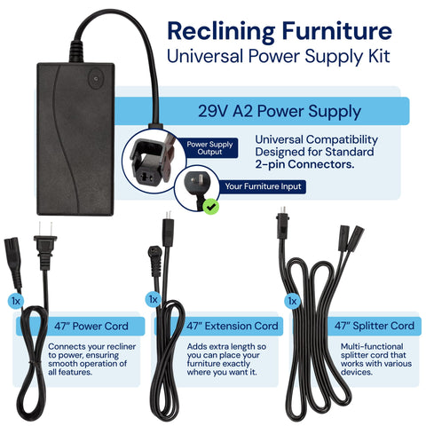 Universal Recliner Power Cord Replacement (2-Pin Adapter) Blue Cactus