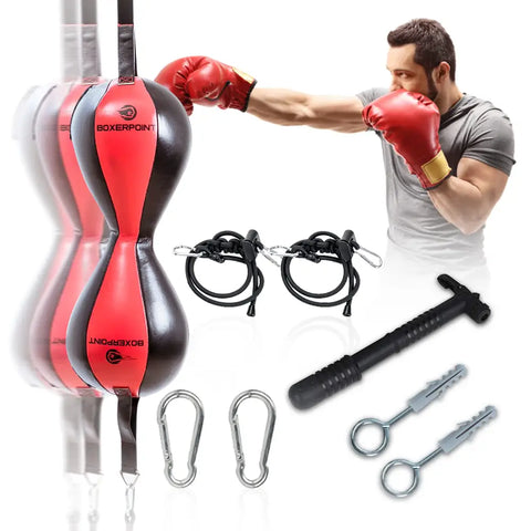 Red and black boxing speed bag with accessories.