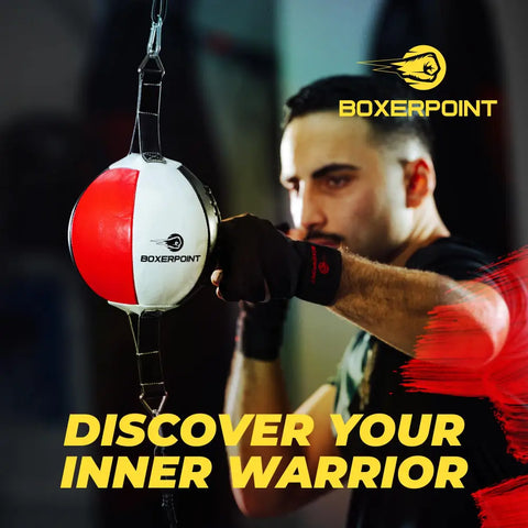 Red, white, and black boxing speed bag.