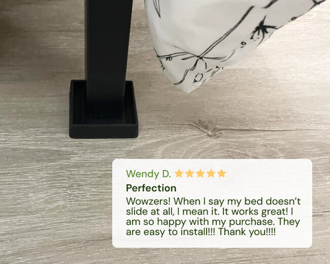 CasterMaster Bed support bracket on a wooden floor with a customer review displayed.