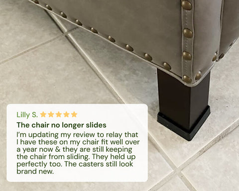 Chair with CasterMaster's casters on a tiled floor, featuring a customer review.