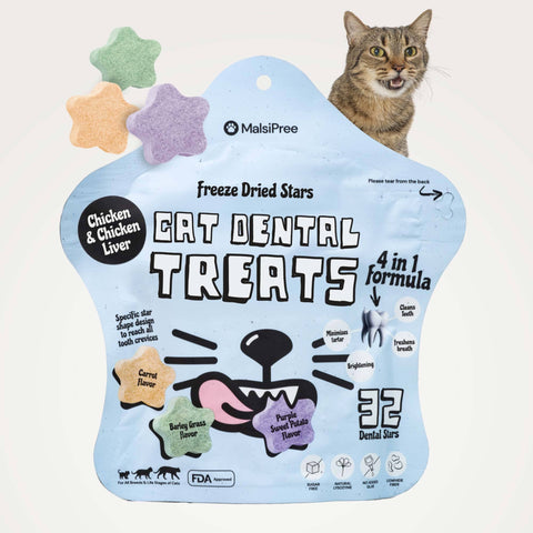 MalsiPree Cat Dental Stars (32 Pcs): Freeze-Dried Treats for Bad Breath Malsipree