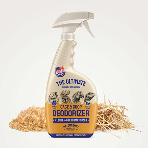 A spray bottle labeled 'Ultimate Chicken Cage Coop & Yard Deodorizer' with a depiction of a chicken and straw around it, indicating it is a cleaning product for bird cages and yards.