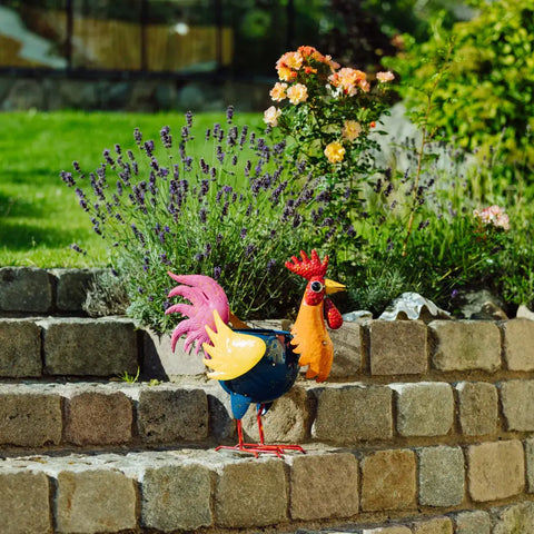 Colorful metal rooster sculpture.