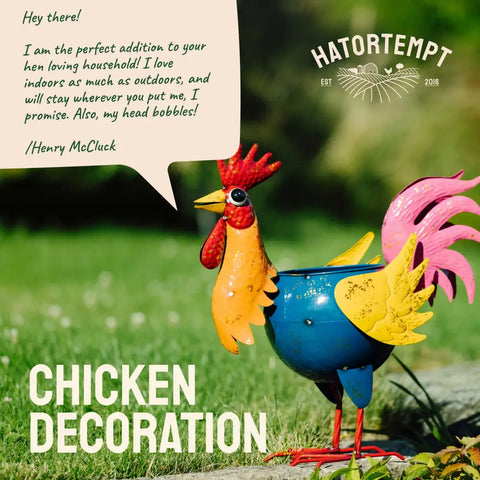Colorful metal rooster planter.