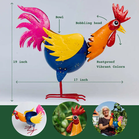 Colorful metal rooster sculpture.