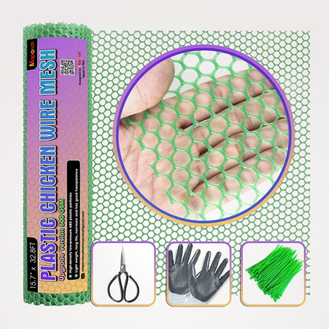 Green Plastic Chicken Wire Fence Roll with Scissors & Gloves MaPorch